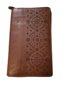 Brown Genuine Leather Wallet With Laser-Cut Design Multiple Card Slots Snap & Zi